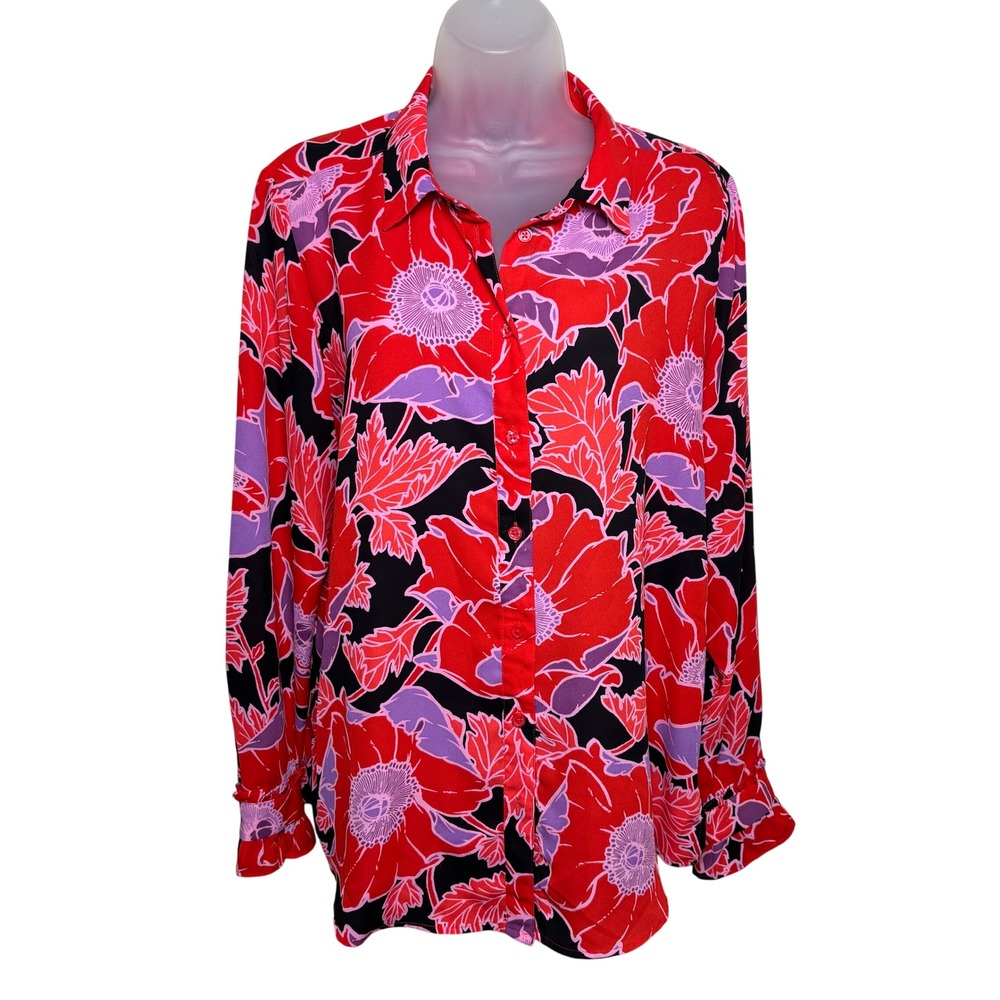 Who What Wear Red Purple Long Sleeve Ruffle Cuff Button Up‎ Blouse Top Womens L